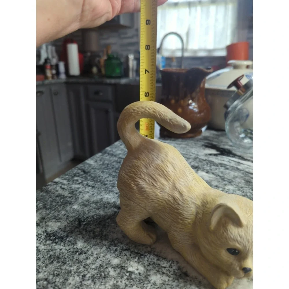 Vintage Playful Yellow Tabby Cat Bisque Ceramic Kitty Figurine Pouncing Kitten